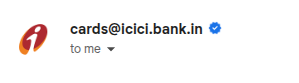 ICICI Bank sender in Gmail showing its brand logo and a blue verified checkmark next to the name
