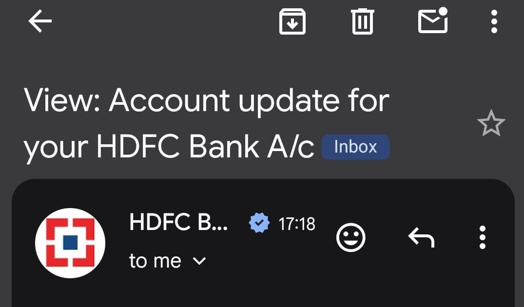 Gmail mobile app showing an HDFC Bank email with the round HDFC logo as the sender avatar and a blue verified checkmark next to the sender name