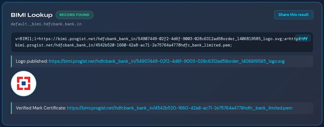 BIMI Lookup result for hdfcbank.bank.in showing record found, the HDFC logo rendered, and a Verified Mark Certificate