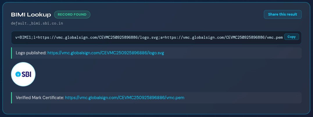 BIMI Lookup result for sbi.co.in showing record found, the SBI logo rendered, and a Verified Mark Certificate issued by GlobalSign