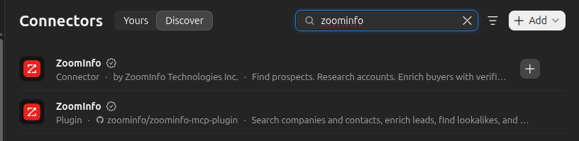 ZoomInfo in Claude's connector directory: the ZoomInfo connector and plugin