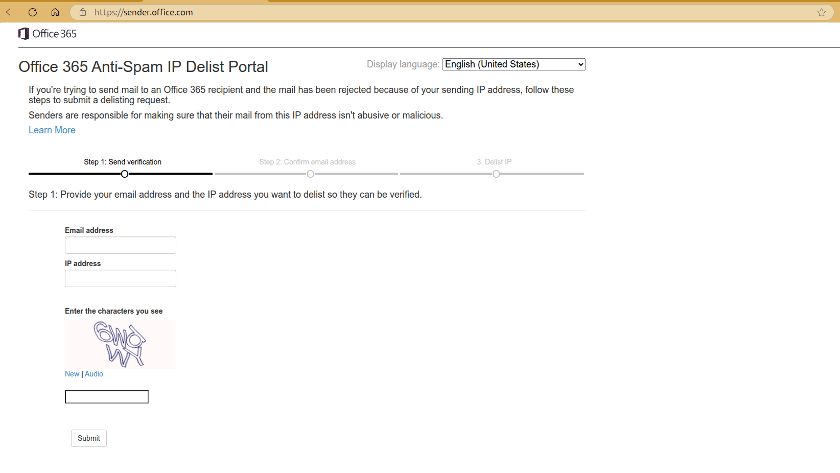 The Office 365 Anti-Spam IP Delist Portal at sender.office.com: email address and IP address fields, a captcha, and a three-step progress bar