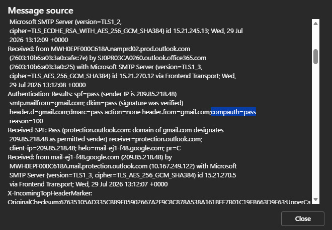 Outlook.com message source for the gmail.com message showing the identical compauth=pass reason=100 verdict