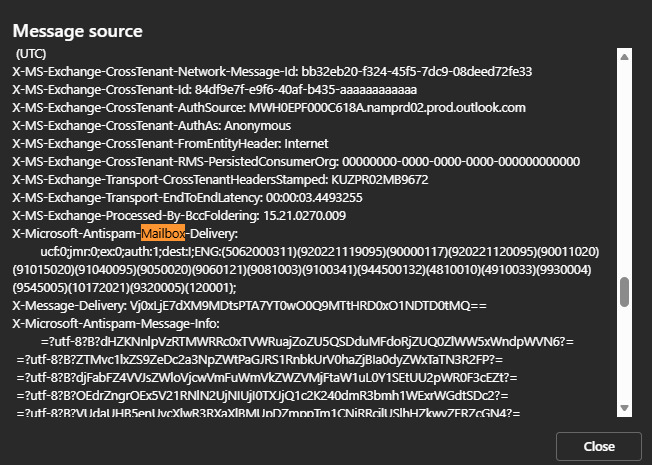 X-Microsoft-Antispam-Mailbox-Delivery header for the gmail.com message showing auth:1 and dest:I