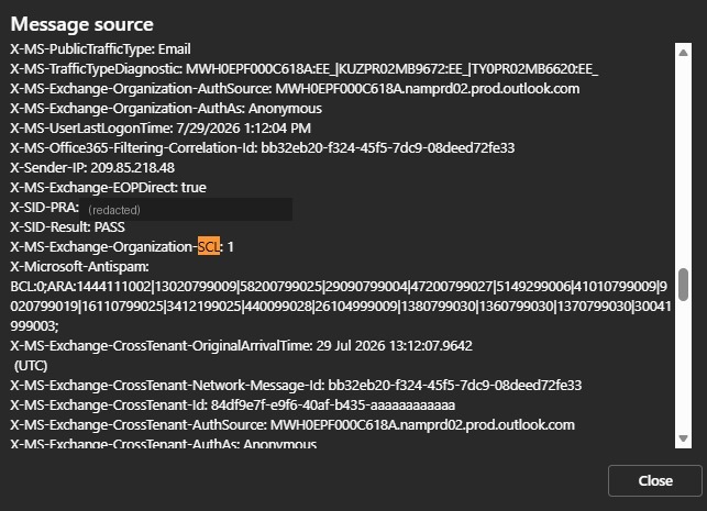 Outlook.com message source for the gmail.com message showing X-MS-Exchange-Organization-SCL: 1