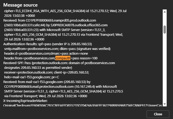 Outlook.com message source showing Authentication-Results with spf, dkim and dmarc all passing for the sending domain and compauth=pass reason=100