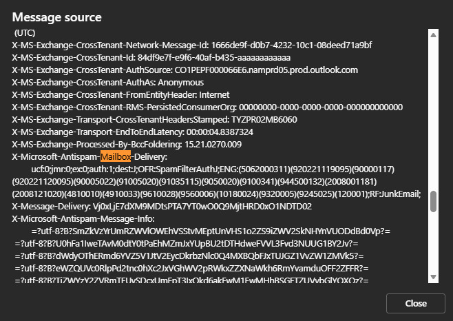 X-Microsoft-Antispam-Mailbox-Delivery header showing auth:1, dest:J, OFR:SpamFilterAuthJ and RF:JunkEmail
