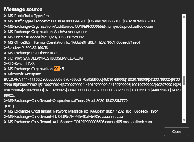 Outlook.com message source showing X-MS-Exchange-Organization-SCL: 5 and X-Microsoft-Antispam with BCL:0