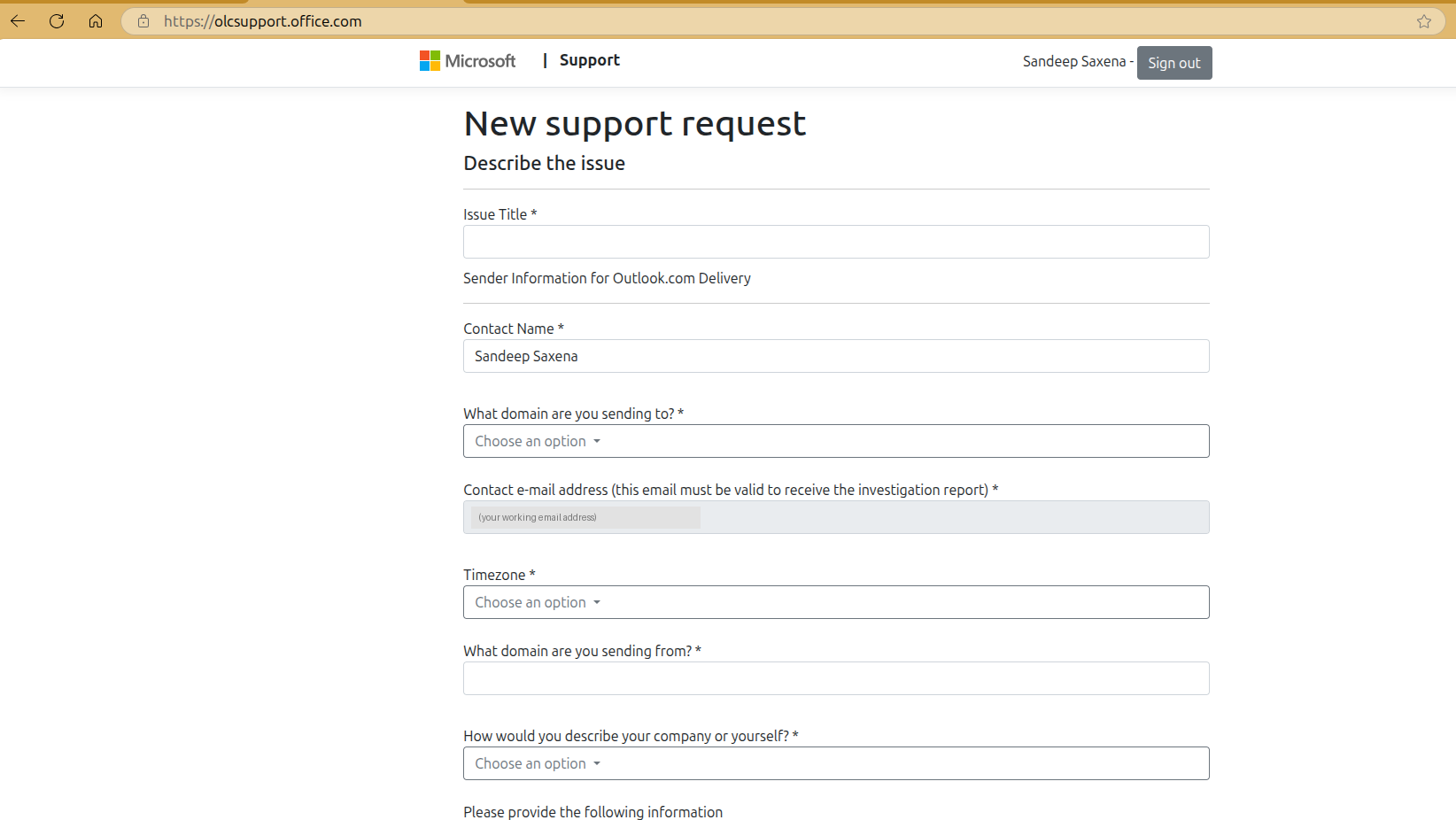 The Outlook.com New support request form at olcsupport.office.com asking for issue title, contact name, sending and receiving domains, timezone and sender description