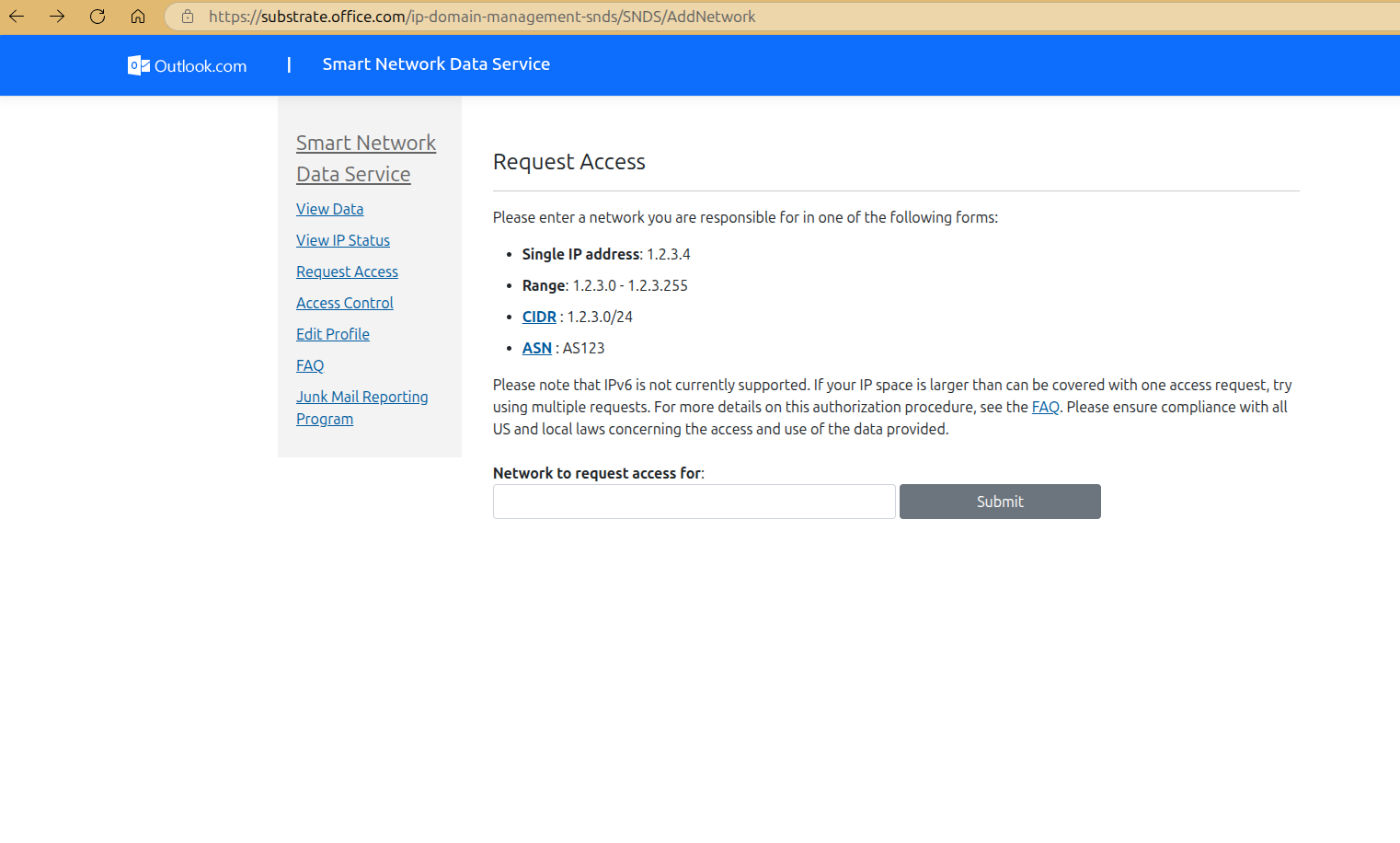 The SNDS Request Access page on the new substrate.office.com portal, accepting a single IP, range, CIDR or ASN