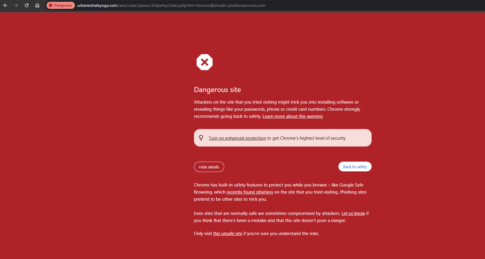Chrome Safe Browsing full-page red Dangerous site warning for the phishing landing page the fake Adobe button led to
