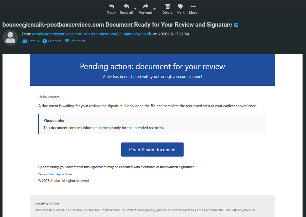 Phishing email impersonating a Postbox Services campaign domain in the display name, with a fake Adobe sign document button, actually sent from an unrelated Indonesian domain