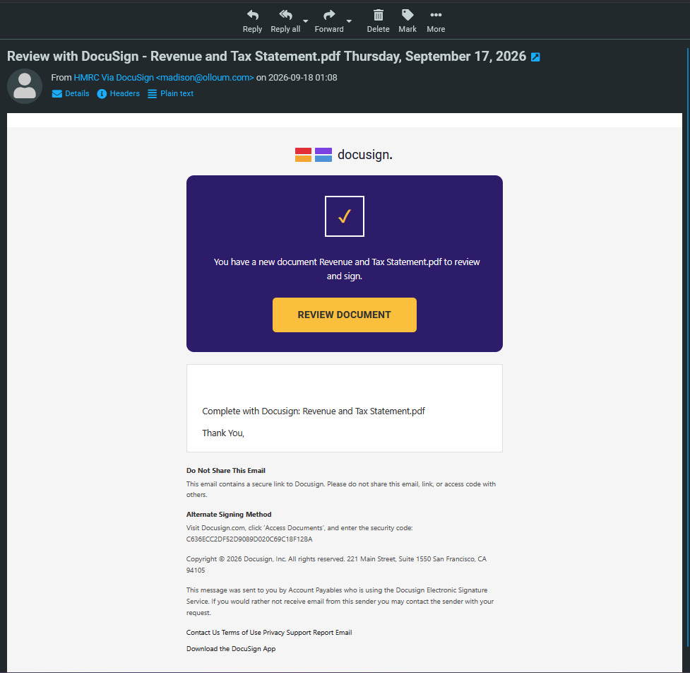 Fraudulent email impersonating HMRC via DocuSign with a fake tax statement document to review