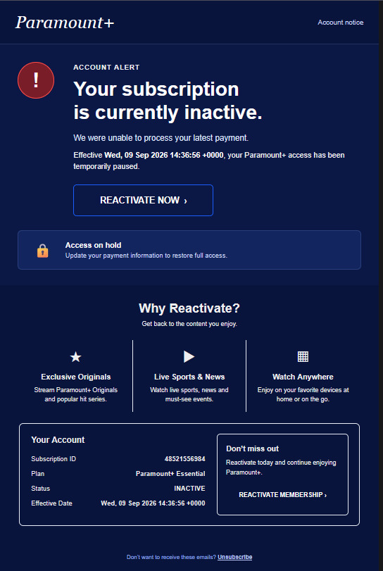 Fraudulent email impersonating Paramount+ claiming the subscription is inactive with a reactivate now button