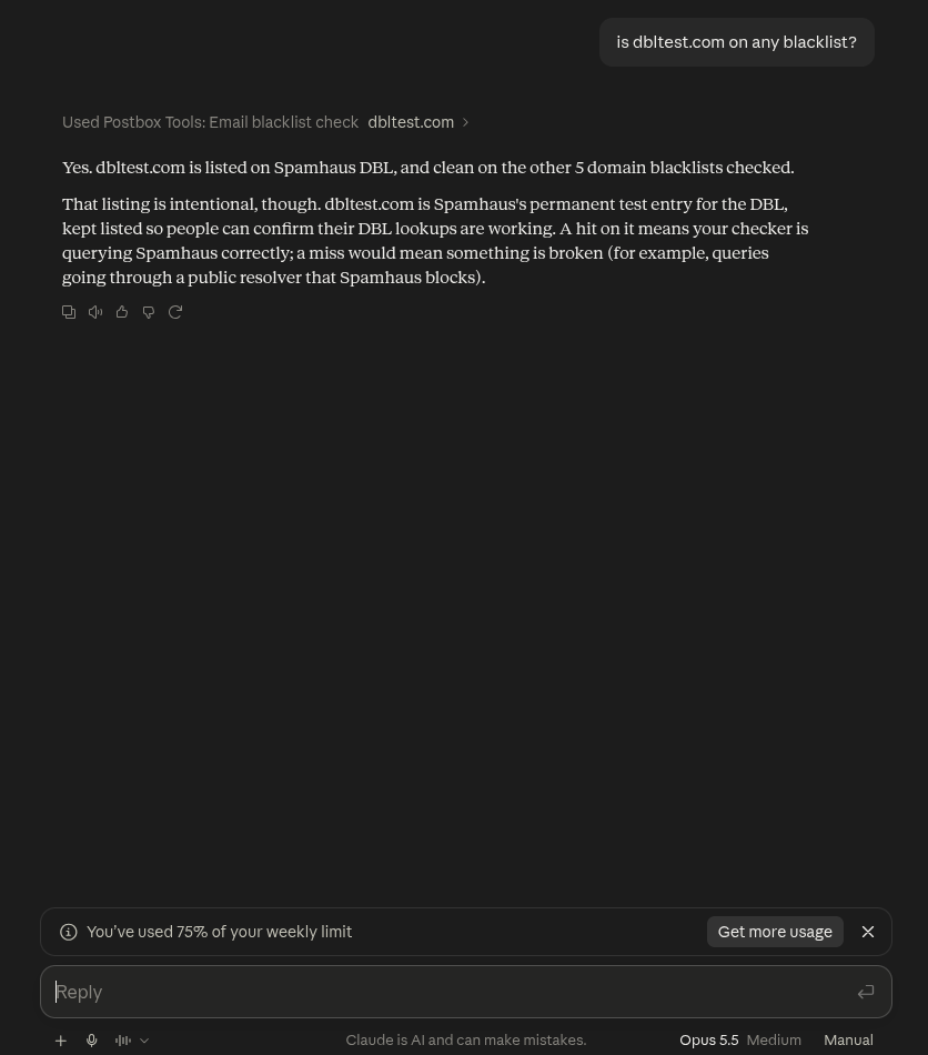 Claude reporting dbltest.com is listed on Spamhaus DBL as the official test entry