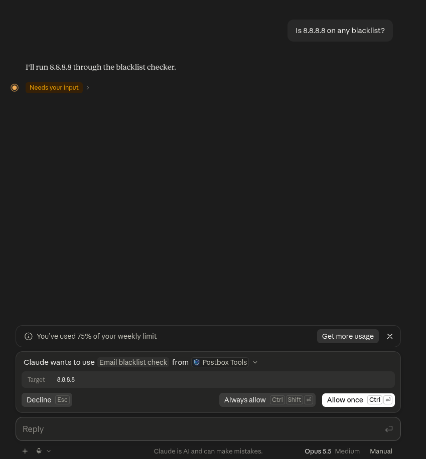 Claude asking permission to run the Postbox Tools email blacklist check on 8.8.8.8