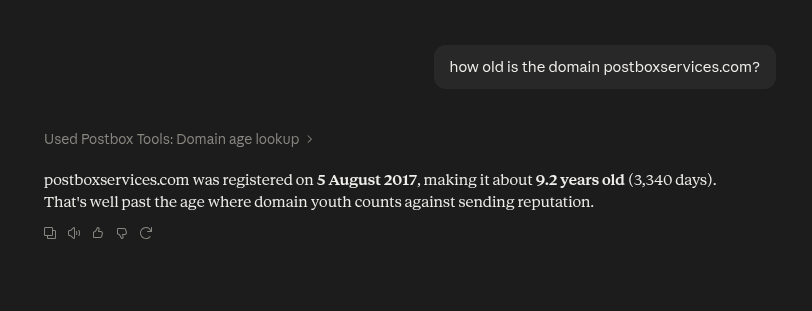 Claude reporting postboxservices.com is about 9.2 years old, registered August 2017