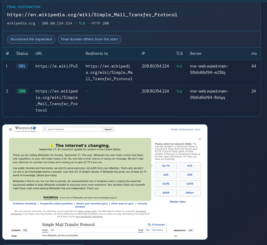 The redirect checker rendering a safe preview of the final destination page