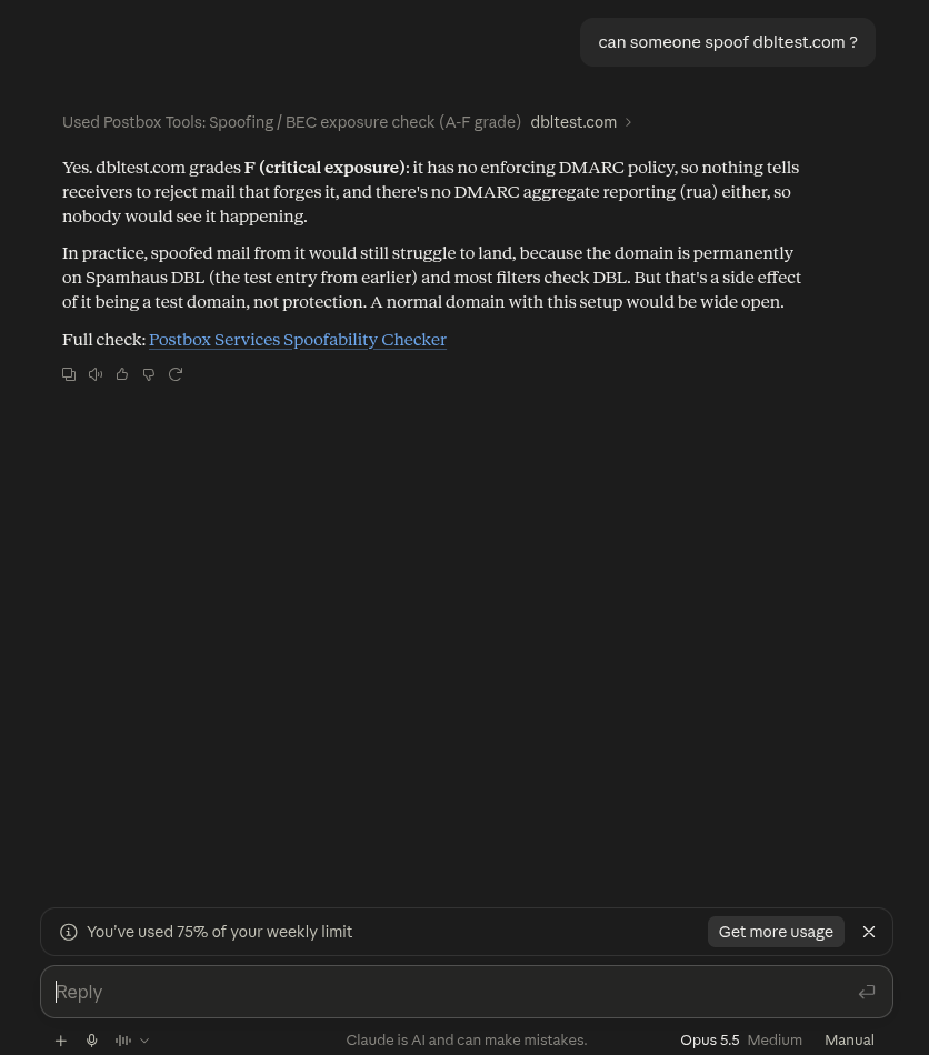 Claude grading dbltest.com F for spoofing exposure with no enforcing DMARC