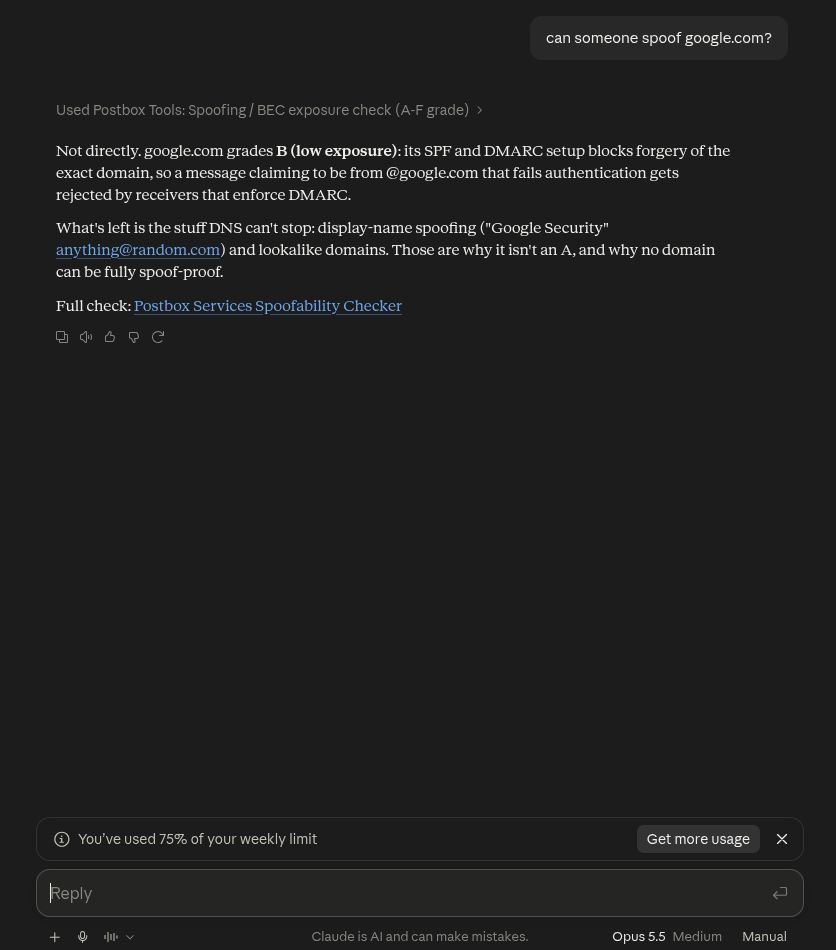 Claude grading google.com B for spoofing exposure