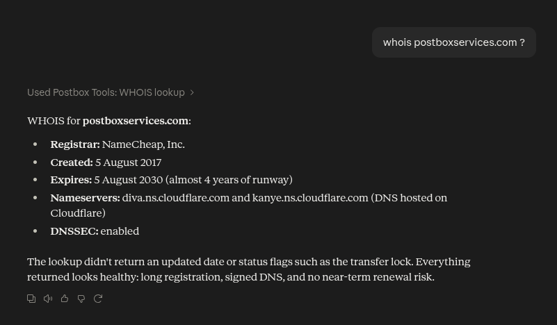 Claude returning a WHOIS summary for postboxservices.com with registrar and nameservers