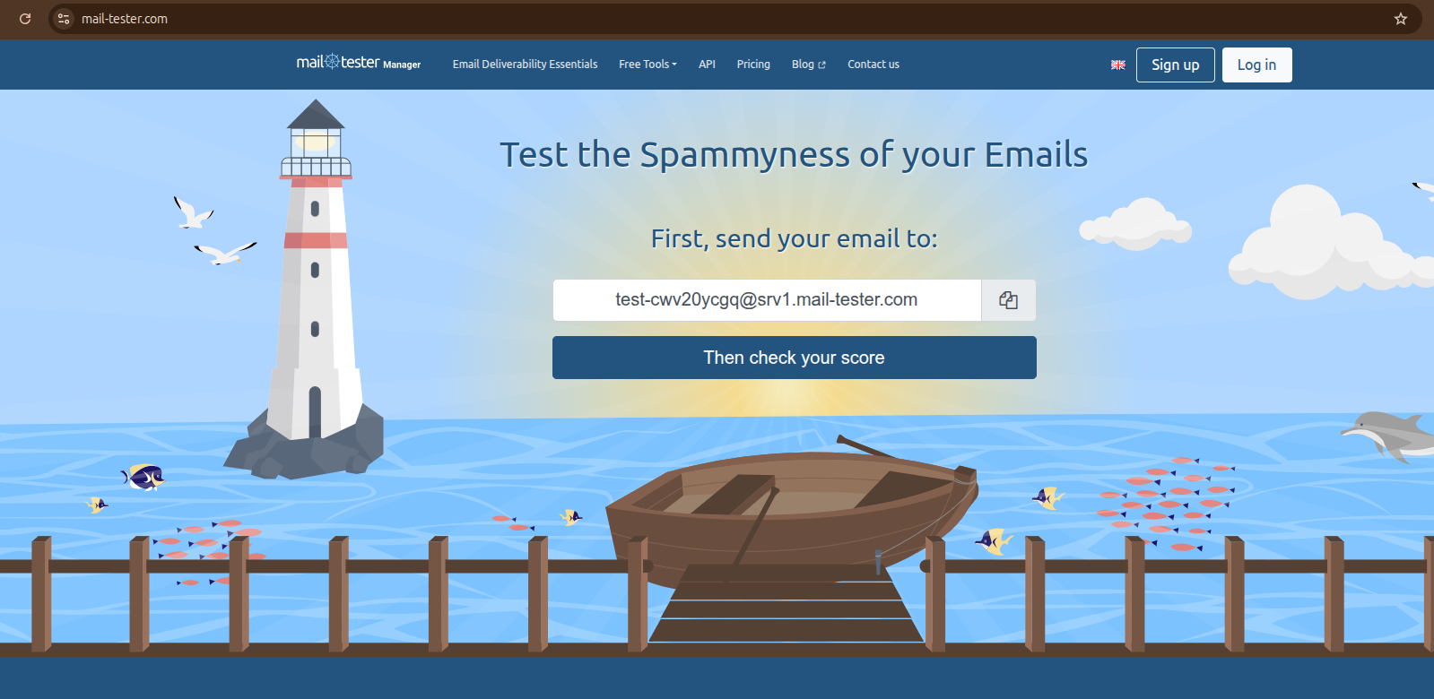 mail-tester.com home page showing the one-time test address and a Then check your score button