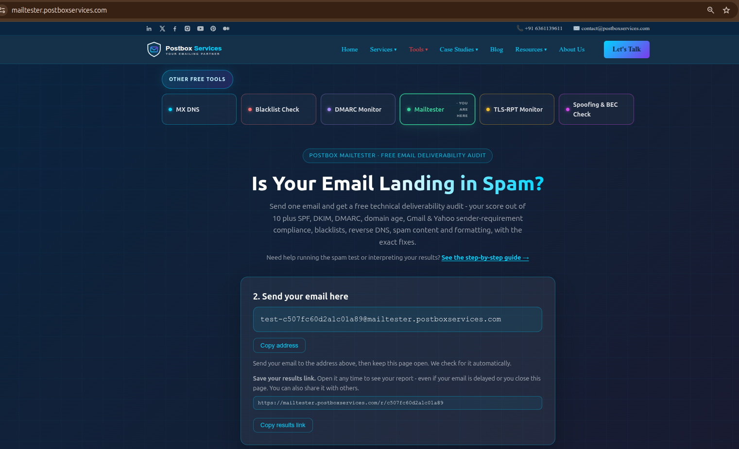 Postbox Mailtester (mailtester.postboxservices.com) - Is Your Email Landing in Spam - with a test address and a saveable results link
