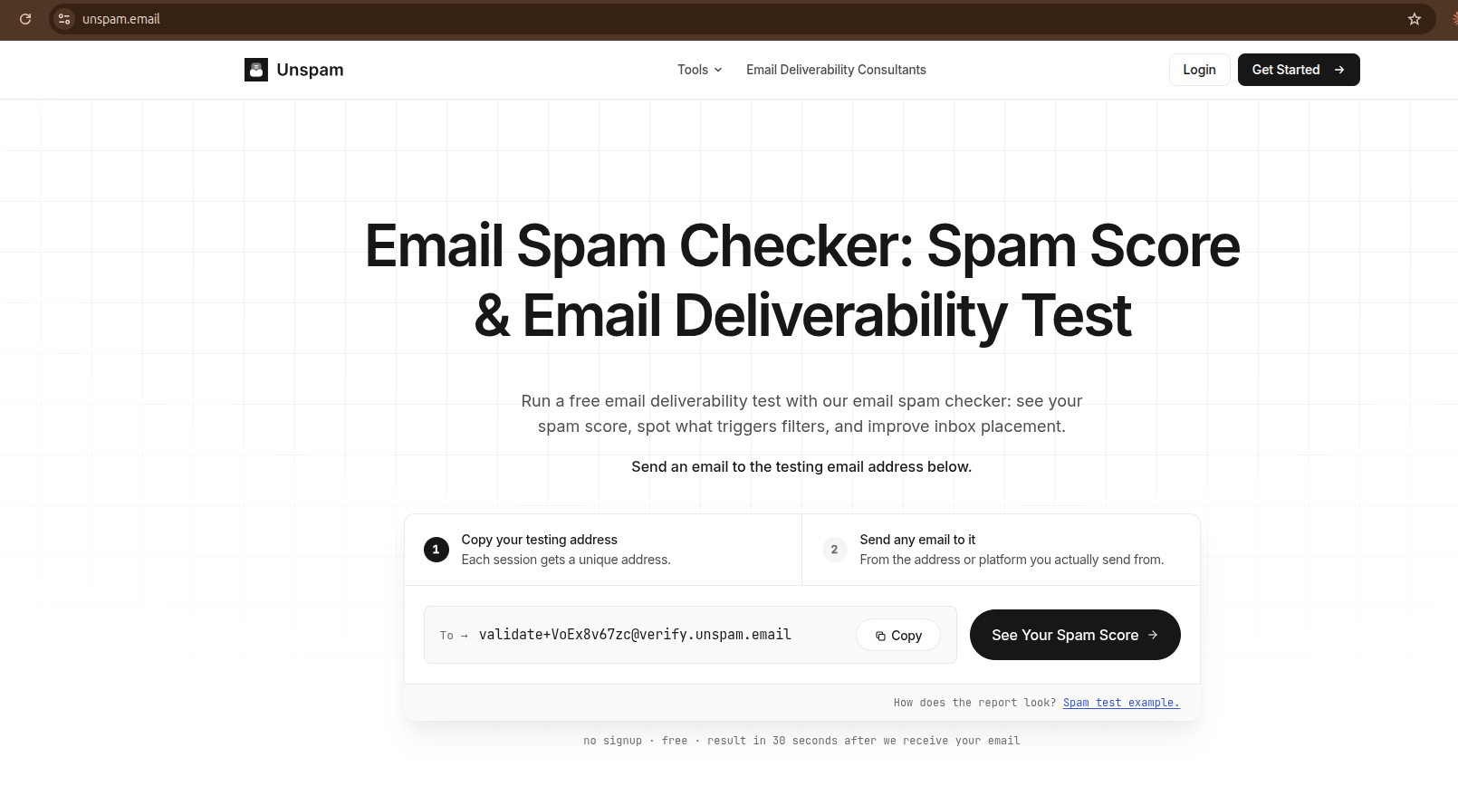 Unspam (unspam.email) home page - Email Spam Checker with a testing address and a See Your Spam Score button