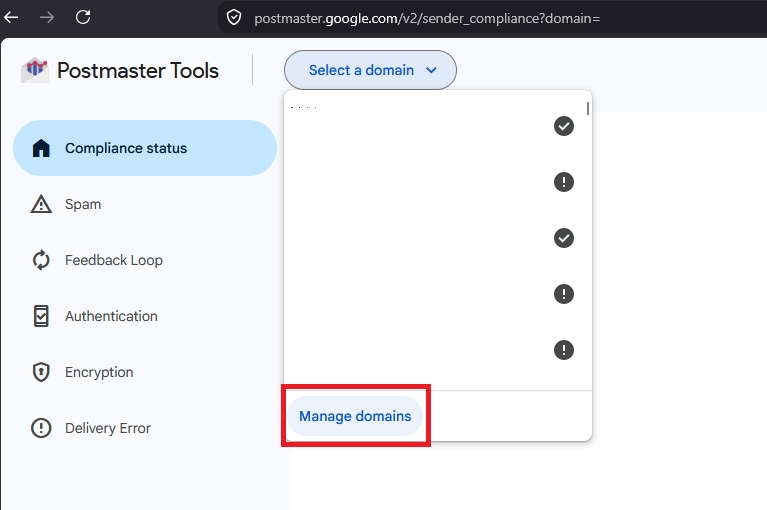 Google Postmaster Tools domain selector dropdown with the Manage domains link