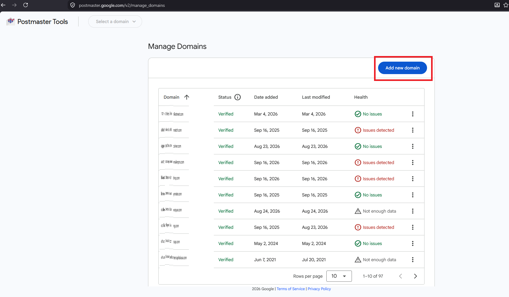 Google Postmaster Tools Manage Domains screen with the Add new domain button and per-domain Health column