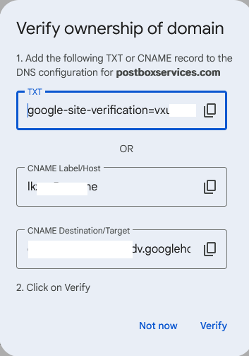 Google Postmaster Tools Verify ownership of domain dialog offering a google-site-verification TXT record or CNAME alternative