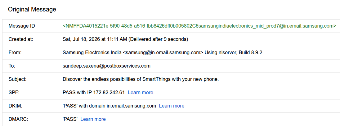 Gmail Show original view of a genuine Samsung email showing SPF PASS, DKIM PASS for in.email.samsung.com and DMARC PASS