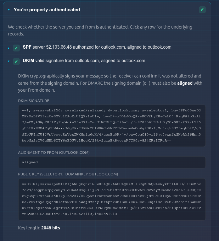 The DKIM row expanded, showing the DKIM signature, its alignment and the 2048-bit public key