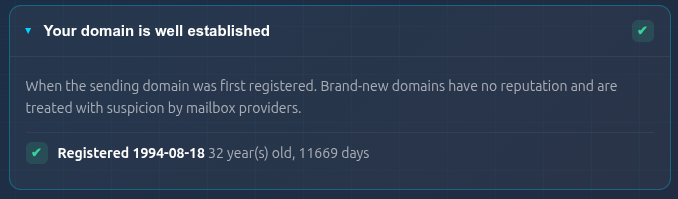 The domain age panel: registered 1994-08-18, 32 years old