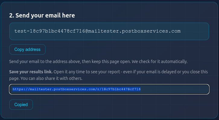The results link box with the Copied state after clicking Copy results link
