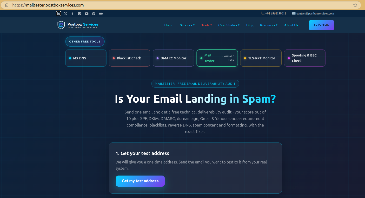 The Mailtester homepage with the Get my test address button