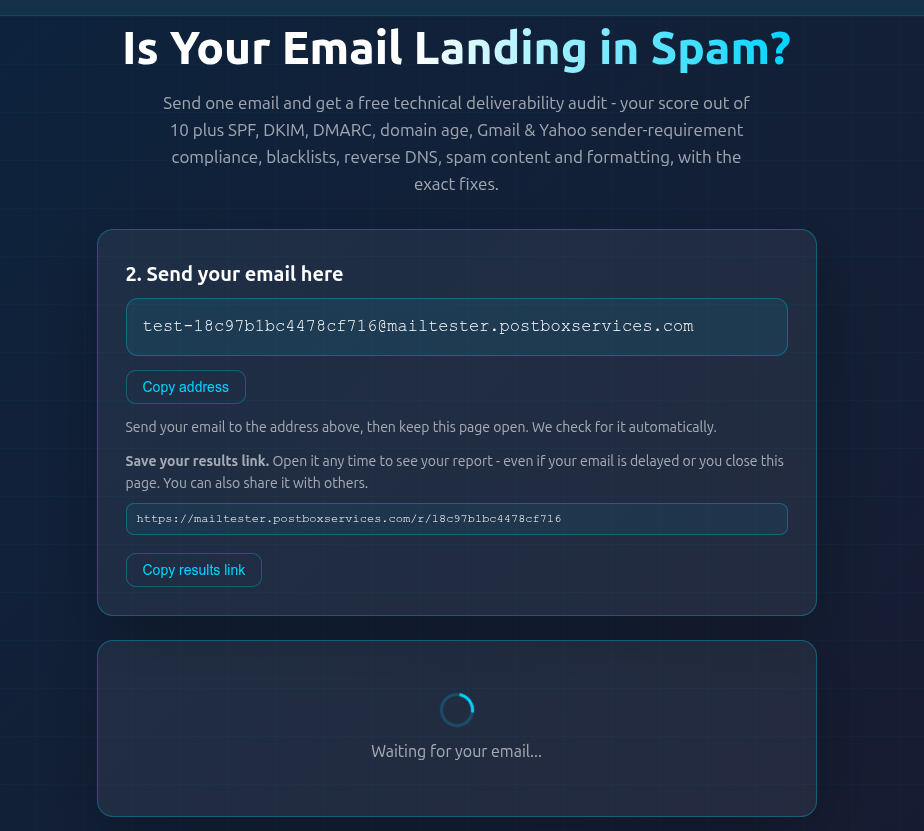 A freshly issued one-time test address with the Copy address button, the saveable results link and the waiting spinner
