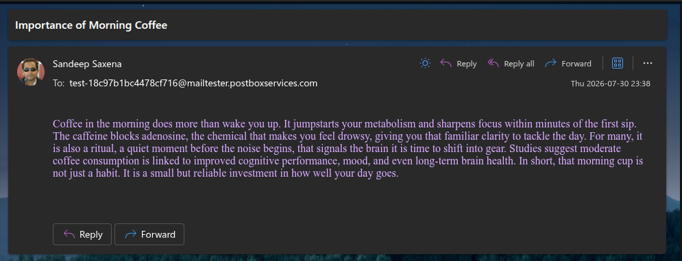 The test email sent from a real Outlook mailbox to the one-time test address