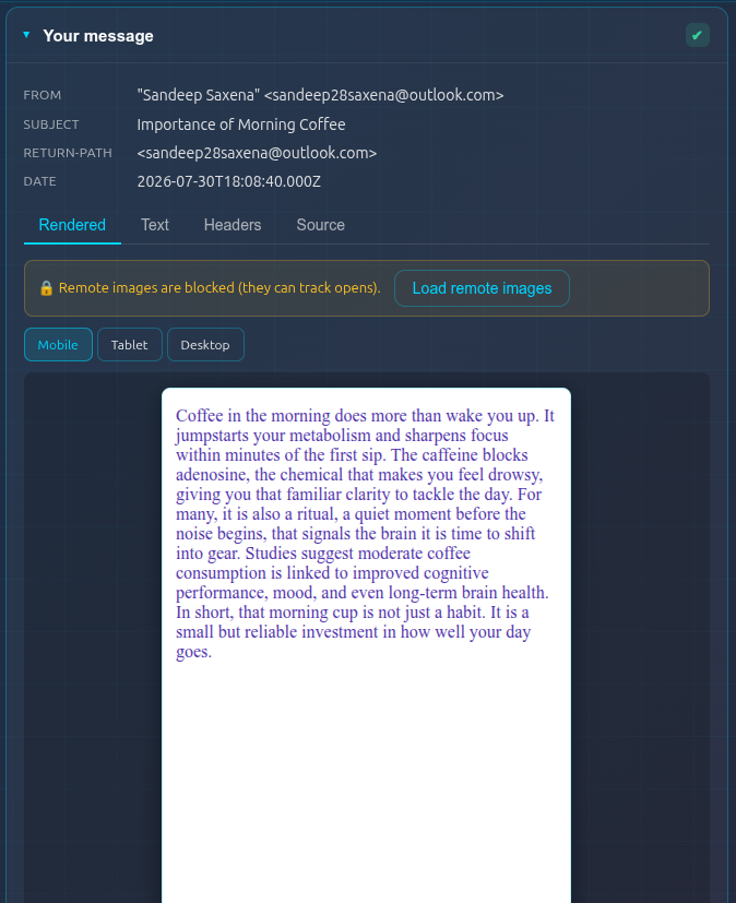 The Rendered tab switched to Mobile width, showing the email at 375px phone width