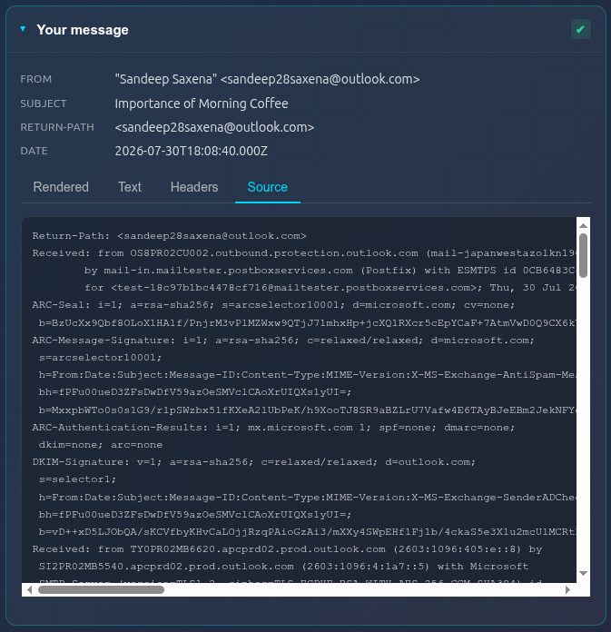 The Source tab showing the complete raw message including Return-Path, Received chain, ARC headers and DKIM-Signature