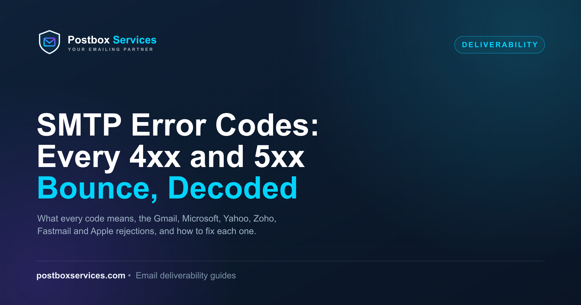 SMTP error codes explained - a reference to 4xx and 5xx bounce codes and the provider-specific rejections from Gmail, Microsoft, Yahoo, Zoho, Fastmail and Apple, with fixes.
