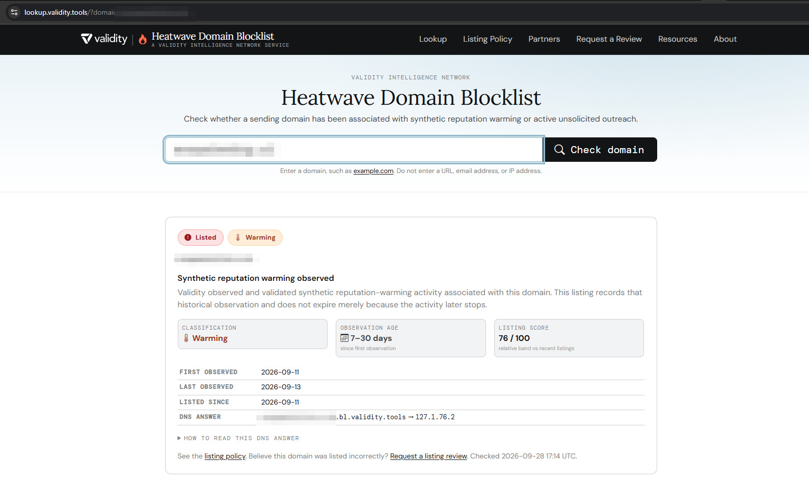 The Validity Heatwave lookup tool showing a domain listed for synthetic reputation warming, with classification, score and DNS answer (domain names blurred)