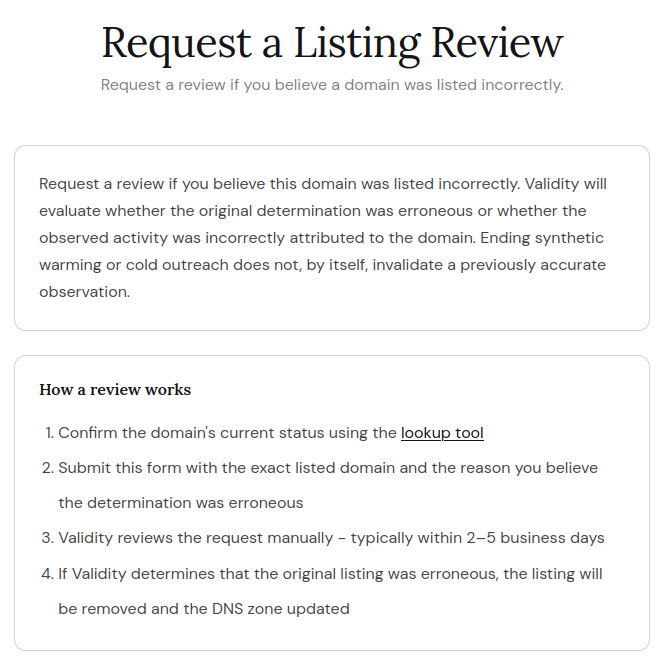 Validity Heatwave 'Request a Listing Review' page describing the manual review process and that ending warming does not invalidate an accurate observation