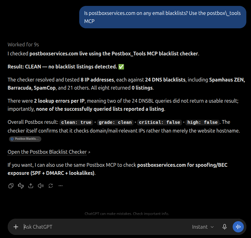 ChatGPT answering a blacklist question using the Postbox Tools MCP - clean across 8 IPs and 24 blacklists