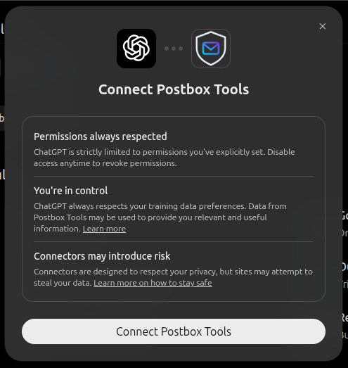 ChatGPT one-time consent dialog for connecting Postbox Tools