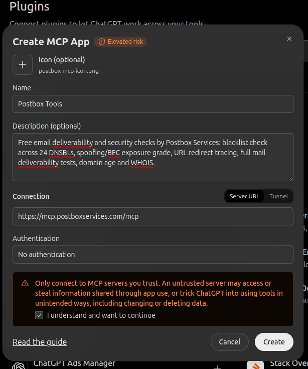 ChatGPT Create MCP App dialog filled in for Postbox Tools with No authentication