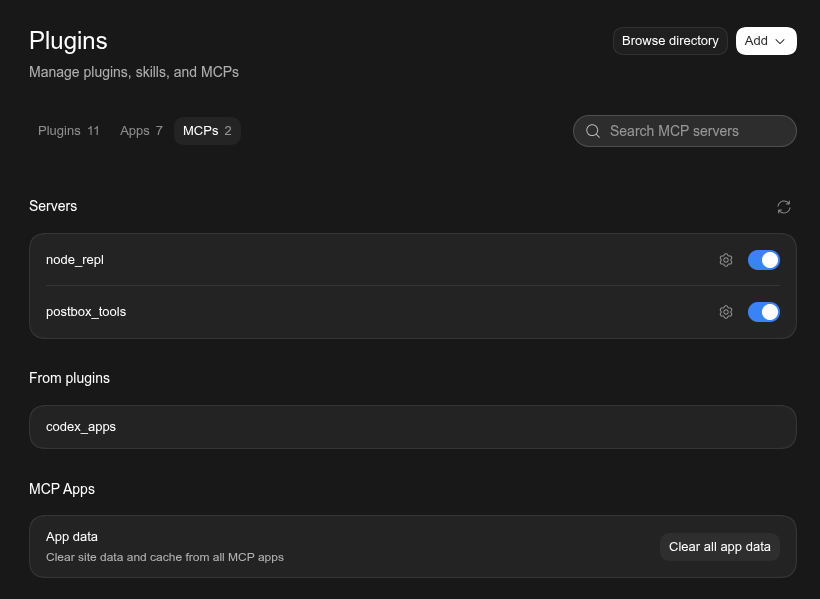 ChatGPT desktop app MCPs tab showing postbox_tools enabled