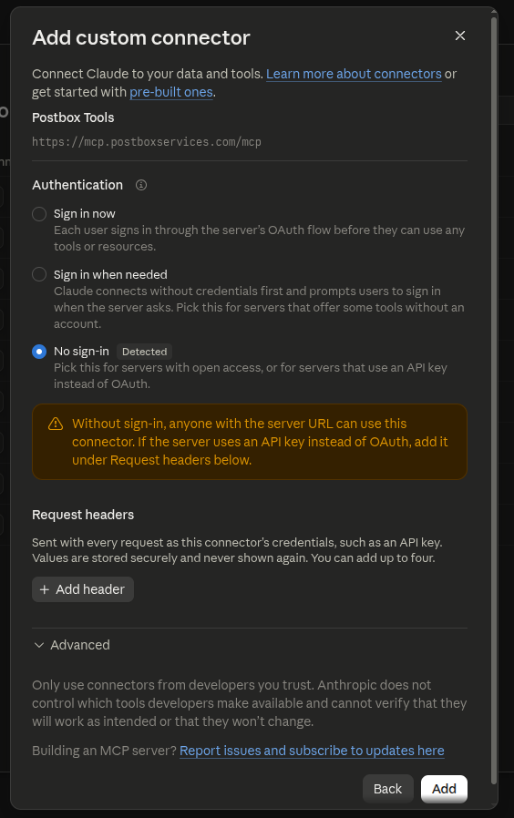 Adding the Postbox Tools custom connector in claude.ai with No sign-in detected