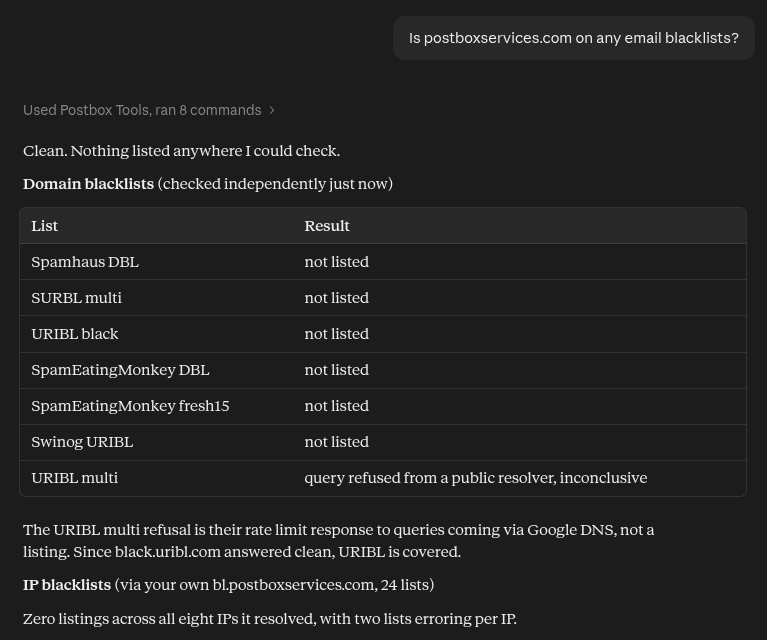 Claude answering a blacklist question using the Postbox Tools MCP server - clean across domain and IP blacklists