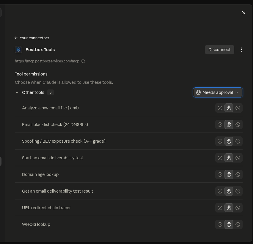 claude.ai showing all 8 Postbox Tools with per-tool permissions